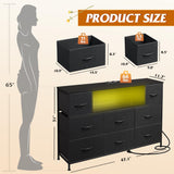 WLIVE Black Dresser for Bedroom, TV Stand for Bedroom for 55 inch TV with Charging Station and LED Lights, Fabric Chest of Drawers with Open Shelves, 8 Drawers Dressers for Living Room, Closet WLIVE