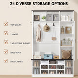 4ever2buy 79 Inch Hall Tree with Bench and Shoe Storage, Farmhouse Hall Tree with Coat Rack, White Entryway Bench with Barn Door and Adjustable Shoe Cubbies, Mudroom Hall Tree with 3-Tier Cabinet 4ever2buy
