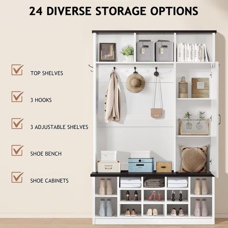4ever2buy 79 Inch Hall Tree with Bench and Shoe Storage, Farmhouse Hall Tree with Coat Rack, White Entryway Bench with Barn Door and Adjustable Shoe Cubbies, Mudroom Hall Tree with 3-Tier Cabinet 4ever2buy
