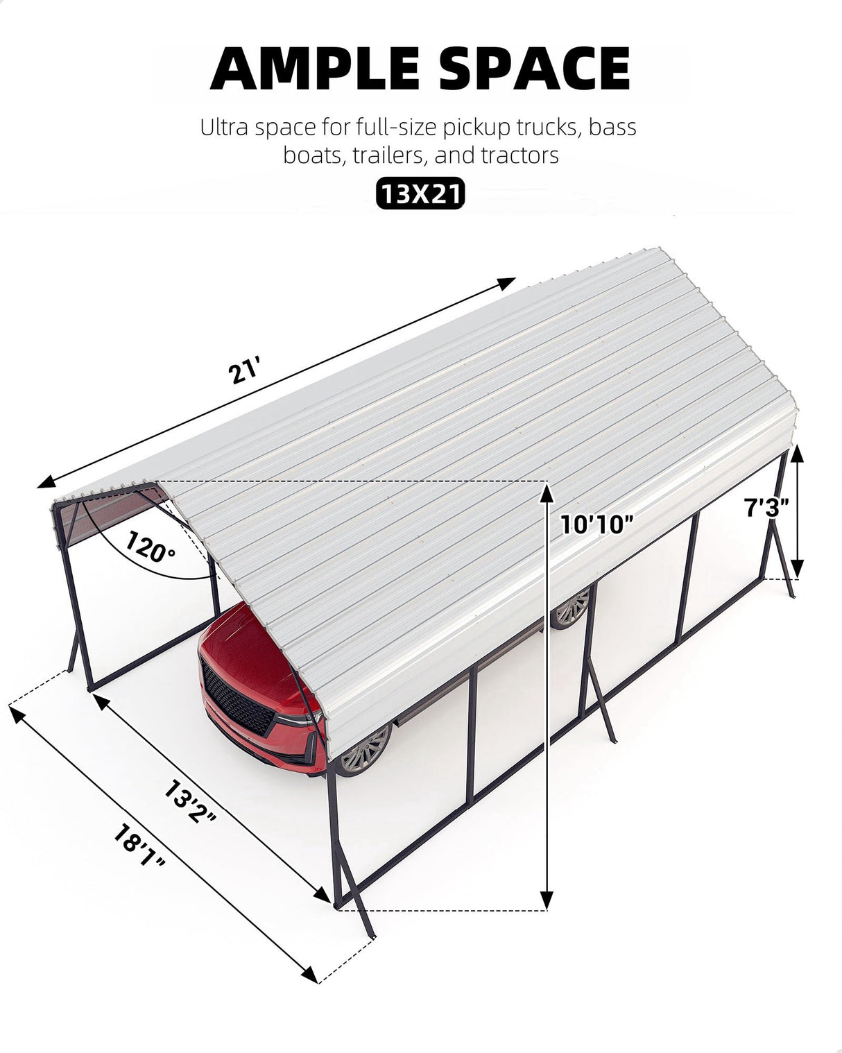 Garveelife 13'x21'x11' Oversized Metal Carport, Steel Heavy Duty Carport for All-Weather, Permanent Shelter for Bass Boats, Pickup Trucks, and Tractors, N.W. 660 Lbs GarveeLife