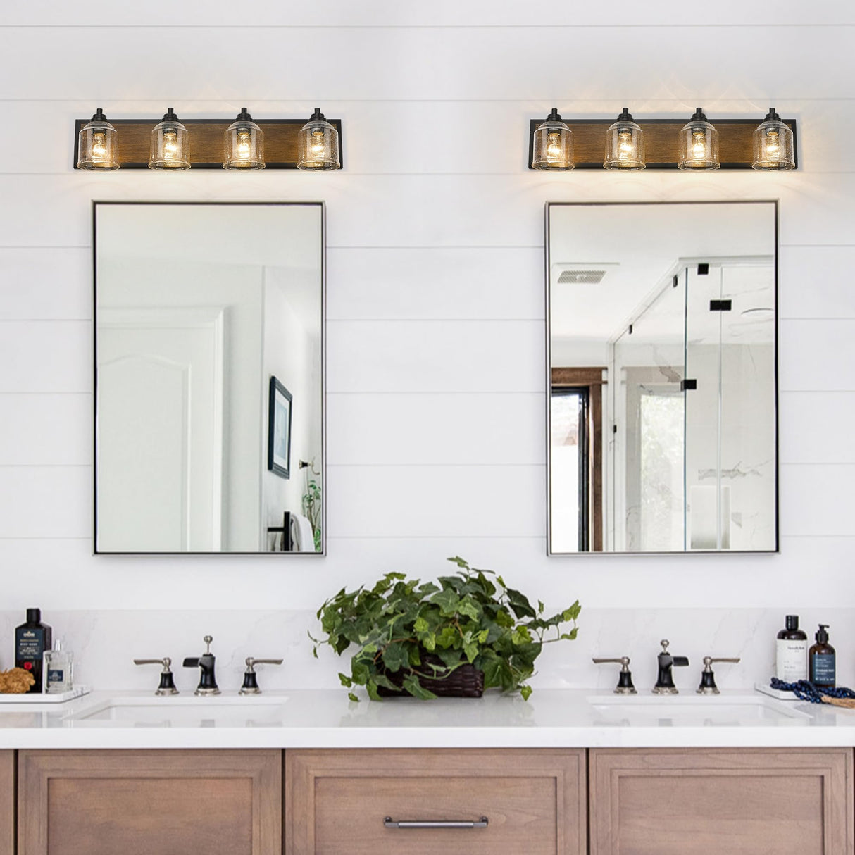 YKLITG 31.5 inch Farmhouse Bathroom Vanity Light Fixture, 4-Light Dark Wood Rustic Vanity Light with Seeded Glass Shades for Bathroom, Over Mirror, Living Room BD005-4-DW YKLITG