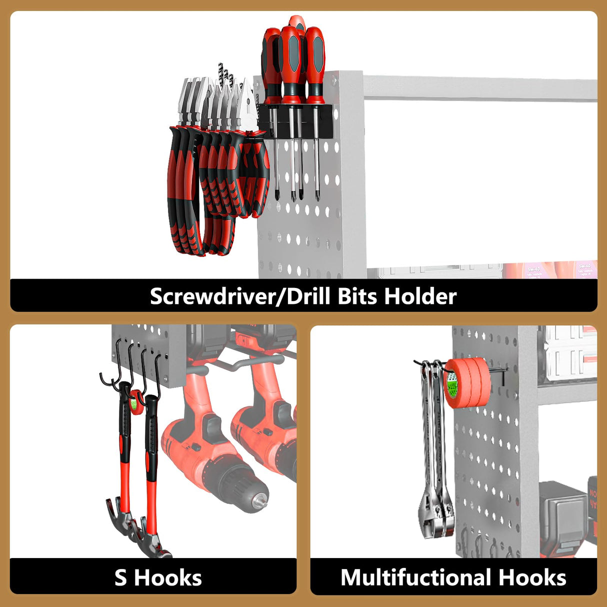 Power Tool Organizer Wall Mount, 4 Layer Heavy Duty Garage organizer Loads 280lbs, Tool Organizers with 8 Drill Hanger, Battery Tools Holder Garage Storage Organization for Workbench, Pegboard, Shed 1R2P3I