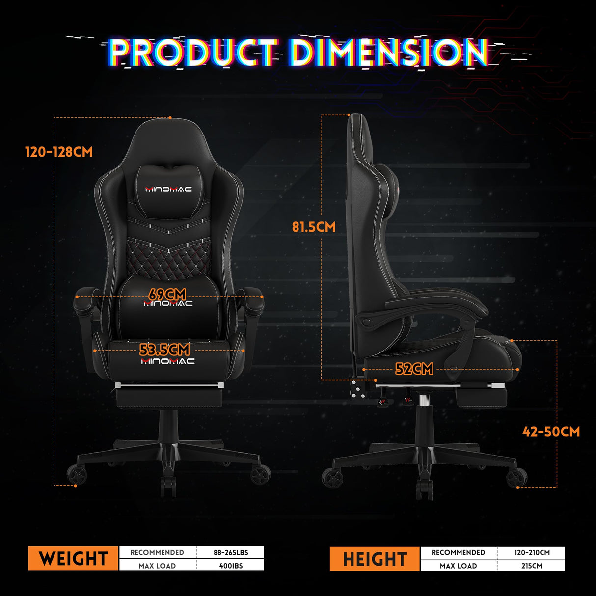 Gaming Chair, Computer Office Chair with Footrest, 155° Reclining Chair, Ergonomic High Back Computer Chair with Headrest and Lumbar Support for Adults and Kids(All Black) Gamtimer