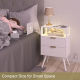 JOONEE White Nightstand with Charging Station and LED Lights,Modern Bedside Table with 2 Storage Drawer and Open Wood Shelf, for Bedroom and Small Spaces,Night Stand with Solid Wood Legs, White JOONEE