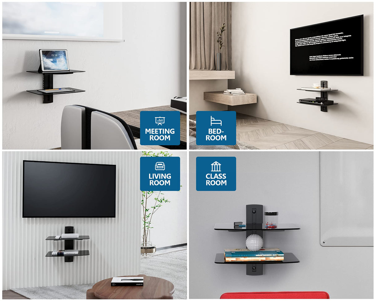 FITUEYES 2 Tiers Floating Shelves for Wall Under TV DVD Shelf Wall Mount Shelves Hold up to 22lbs Tempered Glass for PS4, Xbox, Game Console and Cable Box Black FITUEYES