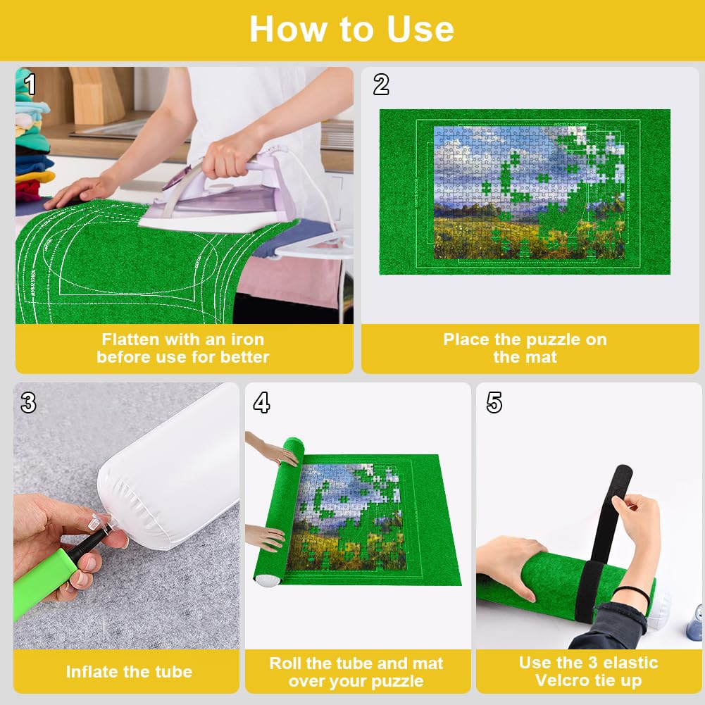 Ainiv Jigsaw Puzzle Mat Roll Up 1500 Pieces, 46" x 26" Portable Felt Puzzles Board with Travel Storage Bag, Jigsaw Saver Pad Keeper for Adults Teens, Green Ainiv