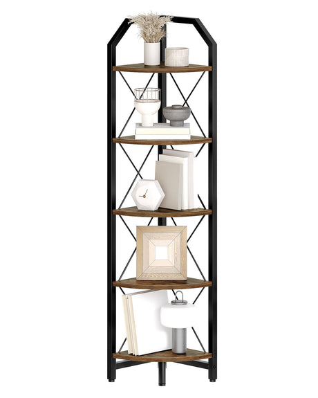 CHOEZON 59.4" Corner Shelf, 5-Tier Industrial Corner Bookshelf, Corner Storage Stand, Plant Stand Display Shelf, Corner Bookcase for Bedroom, Living Room, Home Office, Rustic Brown and Black TCJ10BF CHOEZON