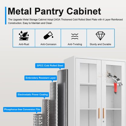 Polup Display Cabinet with Glass Doors, Metal Curio Cabinets with Lock and Shelves, 71''Tall Display Case for Living & Dining Room, Bookcase for Home, Clinic, School (White)- Assemble Required