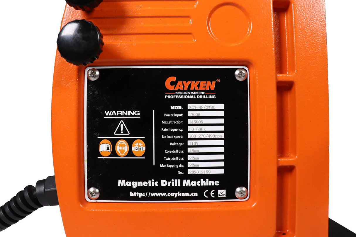 Cayken KCY-48-2WDO 1.8in. Magnetic Drill Press with 1700W Variable Speed Motor MT2 to Weldon Shank 3260 LBS Magnetic Force CAYKEN
