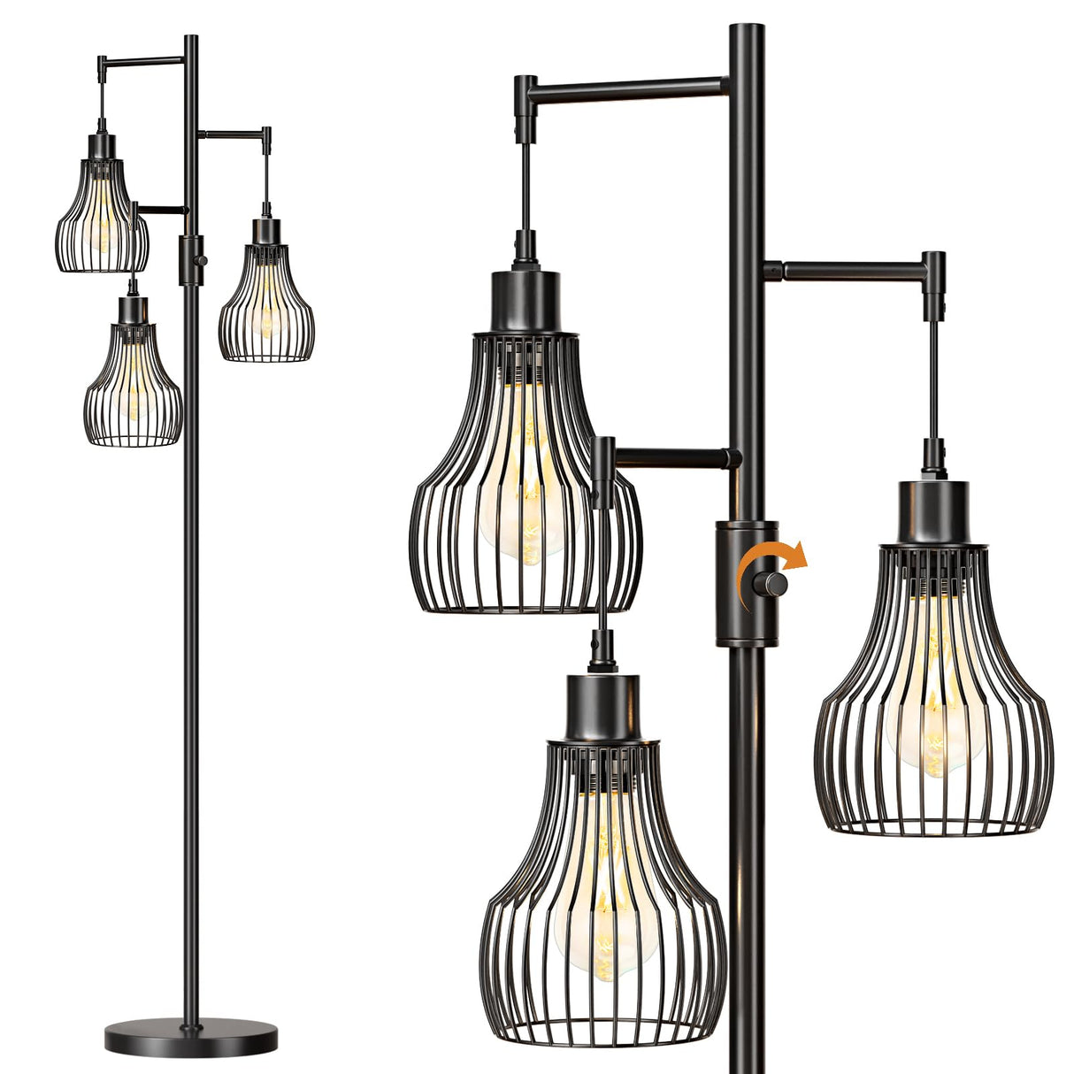 Dimmable Floor Lamp, 3 x 800LM LED Edison Bulbs Included, Farmhouse Industrial Floor Lamp Standing Tree Lamp with Elegant Cage Tall Lamps for Living Room Bedroom Office - Black Ziisee