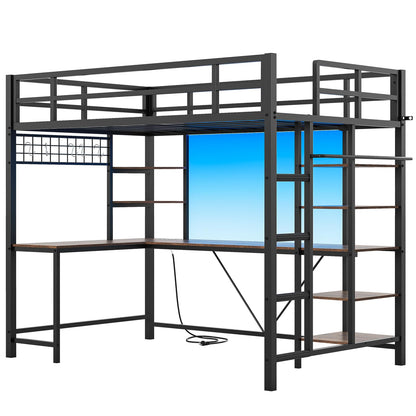 MSmask Loft Bed Twin Size with L Shaped Desk, LED Lights, Charging Station, Heavy Duty Metal Loft Bed Frame with 6 Storage Shelves, Safety Guard & Ladder, No Box Spring Needed, No Noise, Black