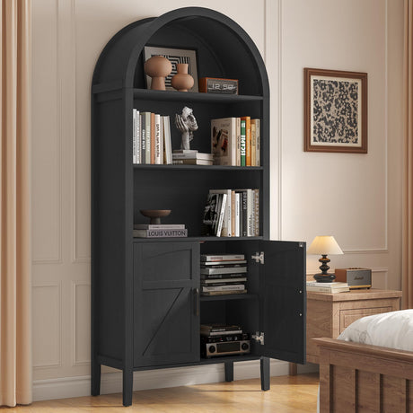 ONBRILL 71" Tall Arched Bookshelf, 5-Tier Arched Bookcase with Door & Storage Cabinet, Farmhouse Display Bookshelf Cabinet with Adjustable Shelf, Freestanding Wood Bookcase for Home Office, Study ONBRILL