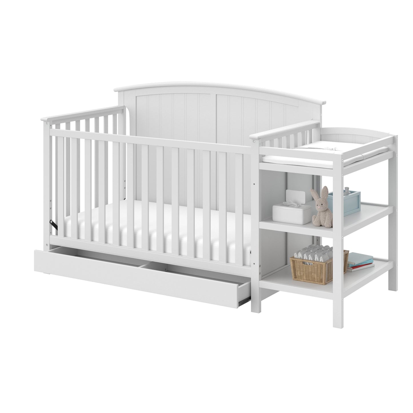 Storkcraft Steveston 5-in-1 Convertible Crib and Changer with Drawer (White) – GREENGUARD Gold Certified, Crib and Changing Table Combo with Drawer, Converts to Toddler Bed, Daybed and Full-S - WoodArtSupply