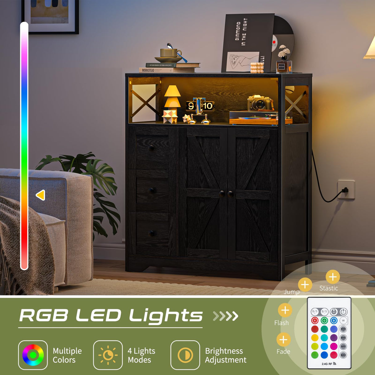 Yoobure Storage Cabinet with Doors and Shelves, LED Coffee Bar Cabinet with Power Outlet, Farmhouse Kitchen Buffet Cabinet with Drawers Accent Pantry Cabinet Sideboard for Living Room Entryway Yoobure