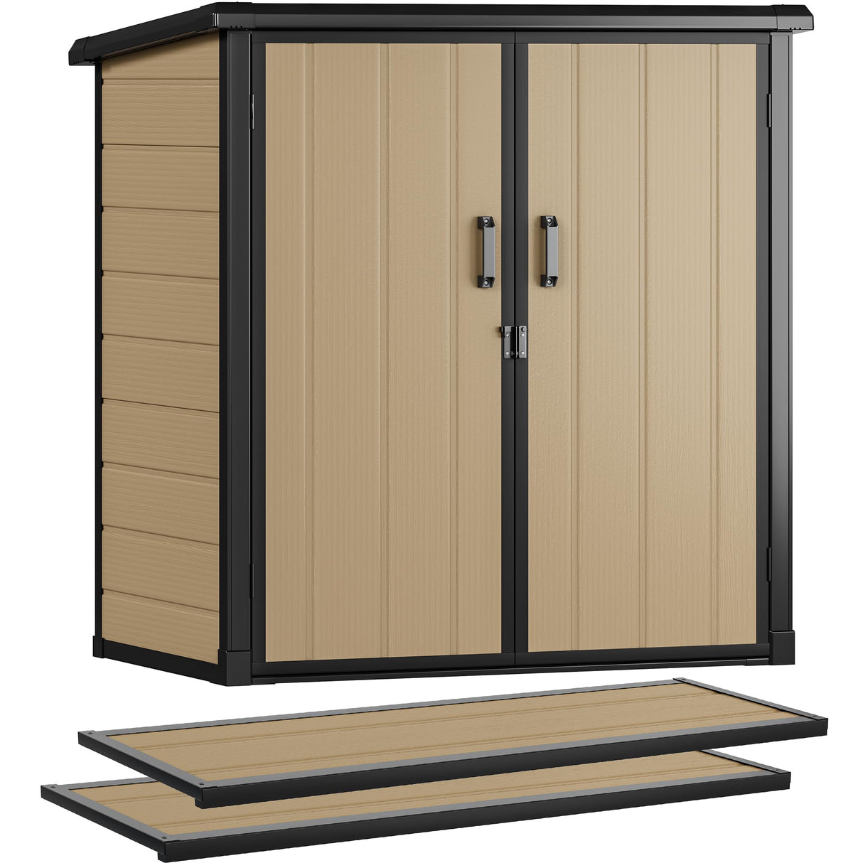 DWVO Outdoor Storage Shed with 2 Shelves, 51 Cu Ft Waterproof Resin Garden Shed with Floor & Lockable Door, Plastic Tool Cabinet for Garbage Cans, Lawn Equipment, Garden Supplies (Brown) DWVO