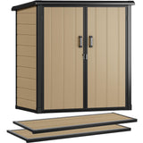 DWVO Outdoor Storage Shed with 2 Shelves, 51 Cu Ft Waterproof Resin Garden Shed with Floor & Lockable Door, Plastic Tool Cabinet for Garbage Cans, Lawn Equipment, Garden Supplies (Brown) DWVO