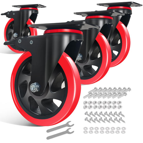 5 Inch Caster Wheels with Brake, Casters Set of 4 Heavy Duty 2000LBS, Safety Dual Locking Industrial Casters, Polyurethane Foam No Noise Wheels for Cart, Workbench(Two Hardware Kits Provided) Ashxakv