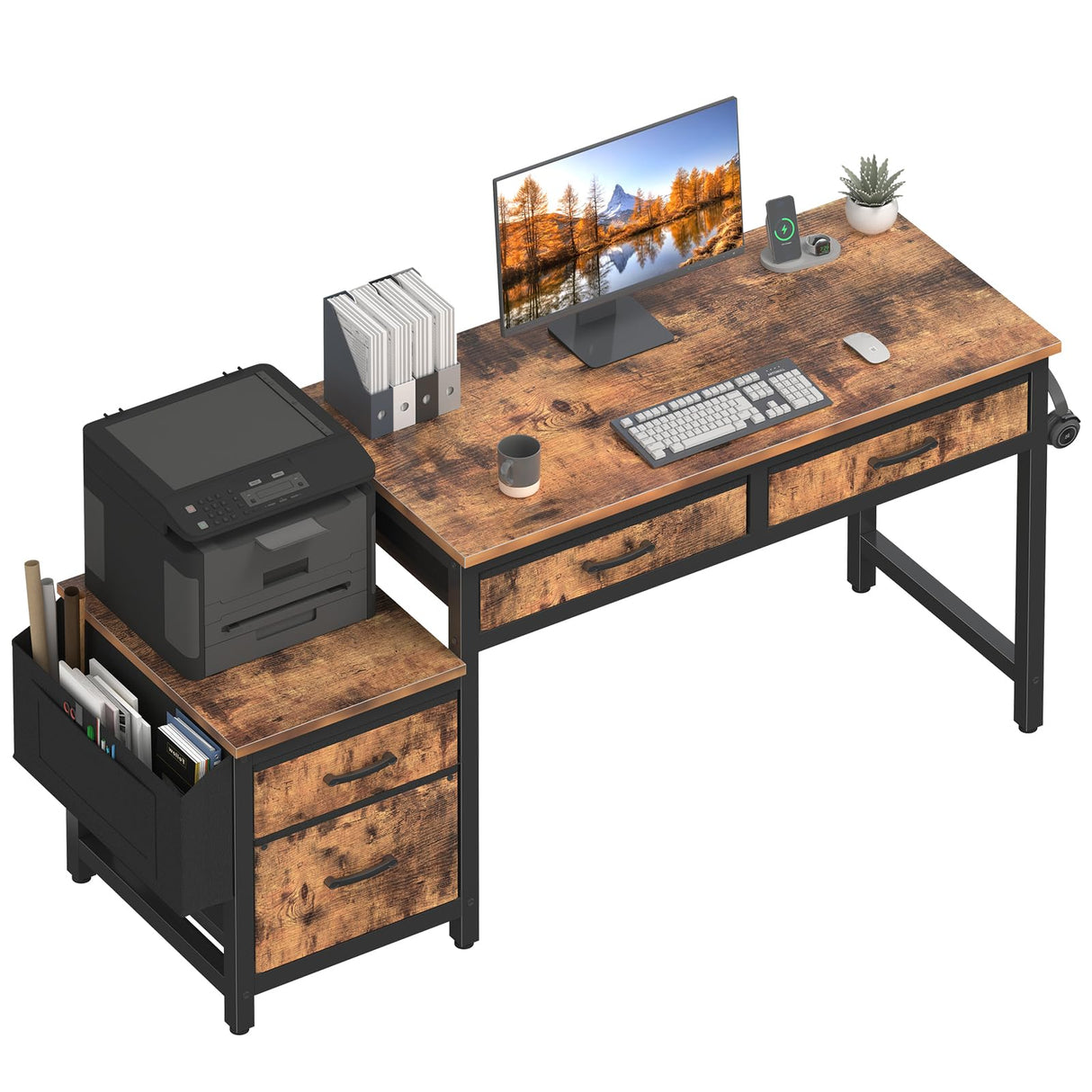 Lufeiya Computer Desk with Fabric File Drawers Cabinet, 57 Inch Home Office Desks with Filing Cabinet Printer Stand for Small Space, Study Writing Table PC Desks for Bedroom, Brown Lufeiya