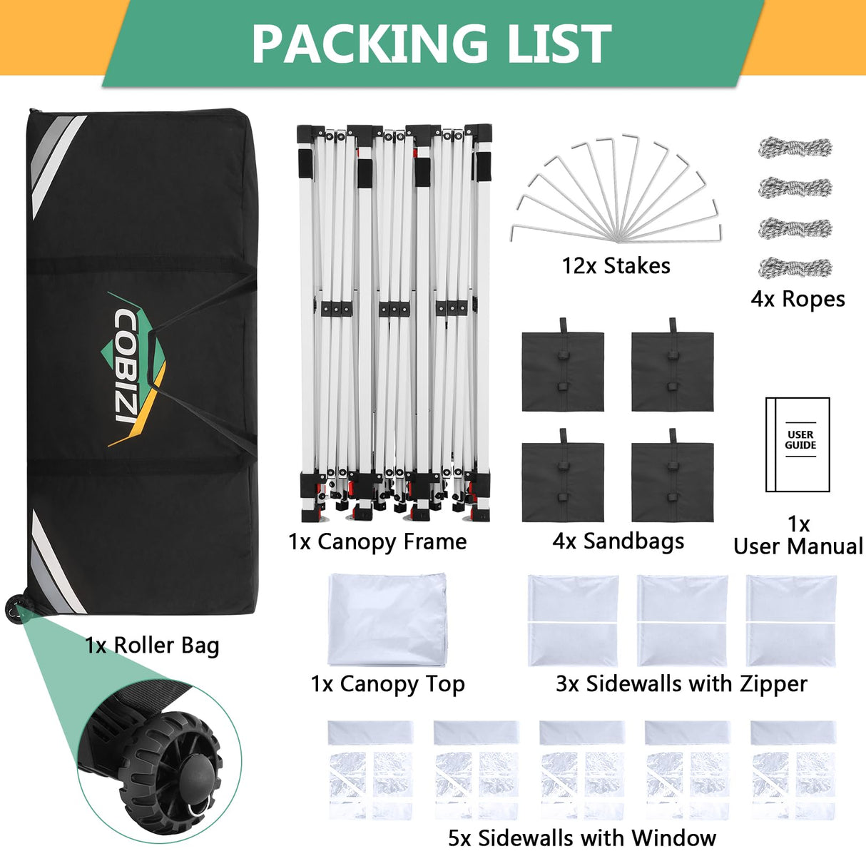 COBIZI 10x30 Pop Up Canopy Tent with 8 Removable Sidewalls, Easy Setup Canopy with Roller Bag & Sandbags，Waterproof and UPF50+ Gazebo Tent, Outdoor Gazebo for BBQ Party Wedding Events Tent, White COBIZI