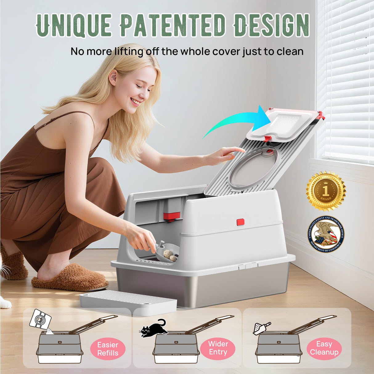 Stainless Steel Cat Litter Box: Enclosed Cat Litter Boxes with Lid - Extra Large Metal Kitty Litterbox with High Sides Top Entry XL Litter Pan Tray for Big Cats Anti-Leakage BEST JAJA