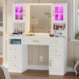 BTHFST White Vanity Desk with Touch Screen Mirror and Lights, Large Makeup Vanity with RGB Light Cabinets & Charging Station, 6 Drawers, 5 Jewelry Hooks, Vanity Table with Lighted Mirror BTHFST