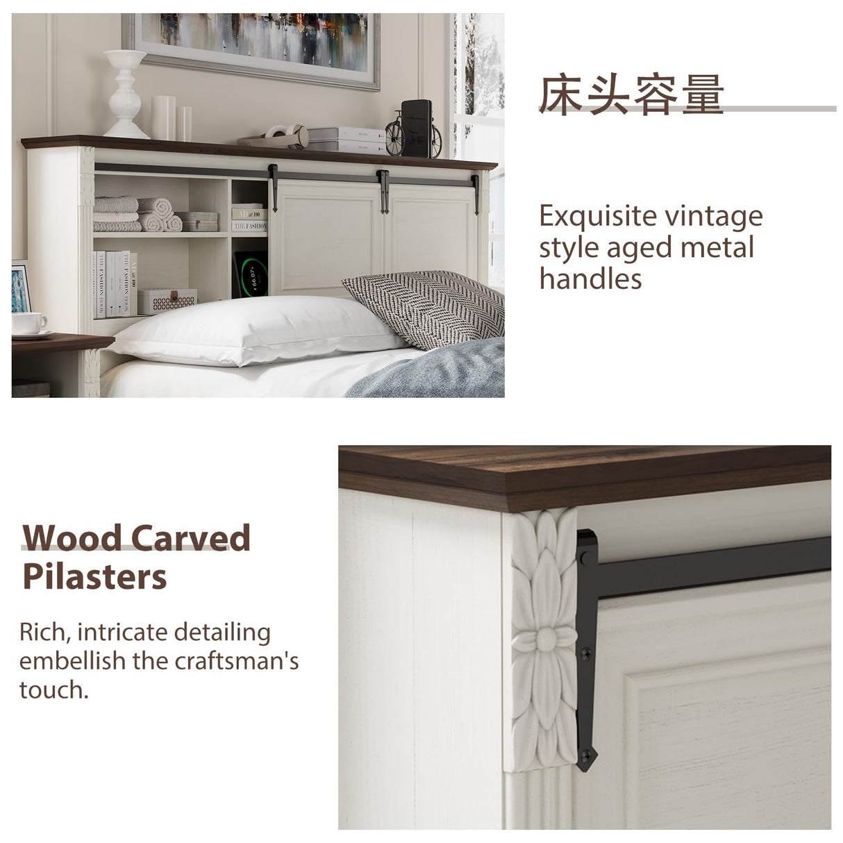 BOSHIRO Farmhouse King Size Bed Frame with Storage Bookcase Headboard, Bed Frame Wood Platform w/Charging Station, Bracket Footboard, 2 Large Sliding Barn Doors, No Box Spring Needed-Antique White BOSHIRO