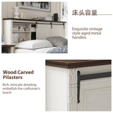 BOSHIRO Farmhouse King Size Bed Frame with Storage Bookcase Headboard, Bed Frame Wood Platform w/Charging Station, Bracket Footboard, 2 Large Sliding Barn Doors, No Box Spring Needed-Antique White BOSHIRO