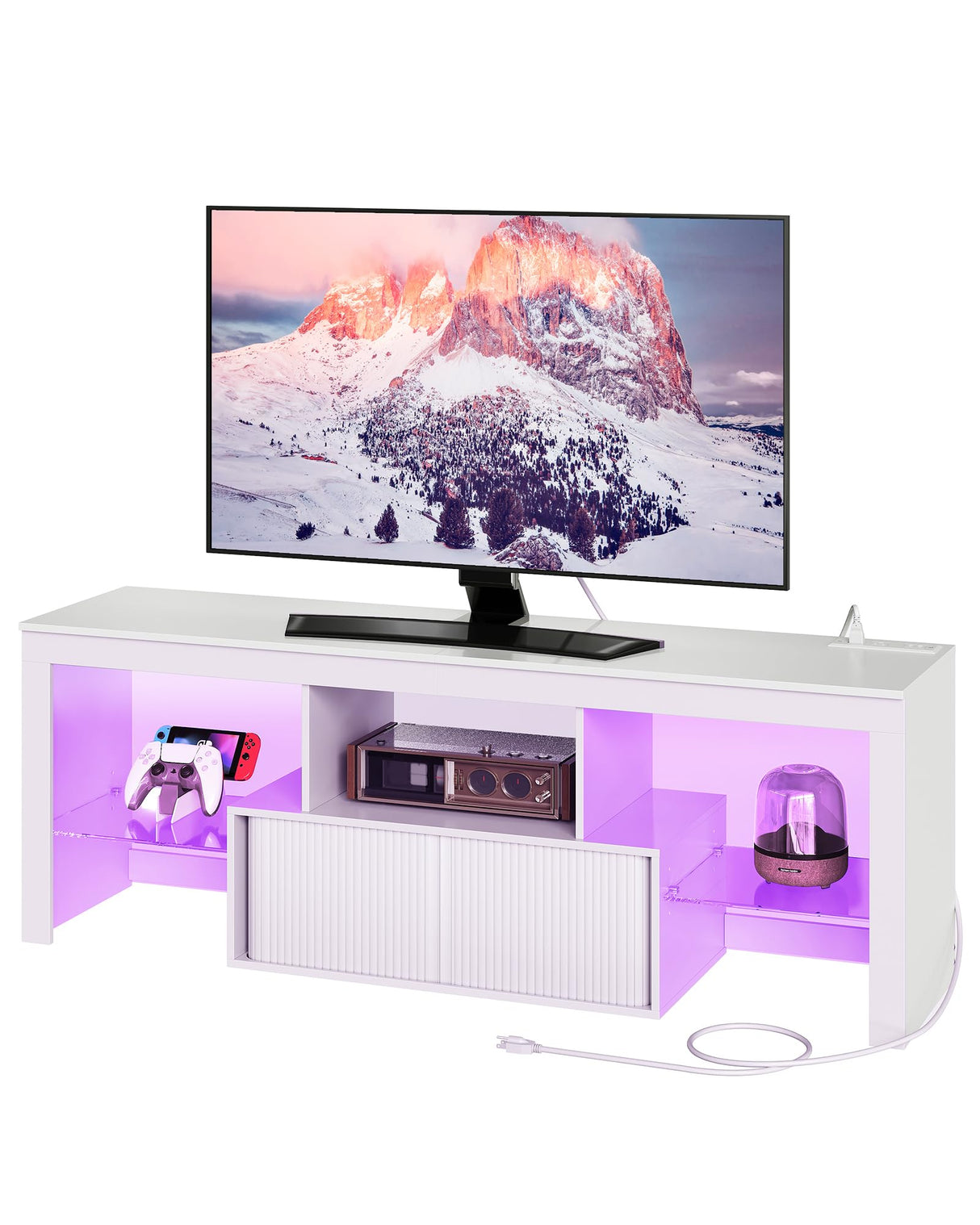 CHOEZON TV Stand with Power Outlet, Modern TV Cabinet for 55 60 inch TVs, Media TV Console with LED Light Strip, Media Entertainment Center with Storage, for Living Room, Bedroom, White MDS02UDWB CHOEZON