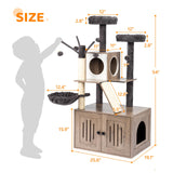 VINGLI Cat Tree Tower with Litter Box, Houses for Indoor Kittens, 53" All-in-1 Wooden Cats Condo, Cat Tower wih Scratching Posts, Hidden Cat Washroom Furniture, Gray VINGLI