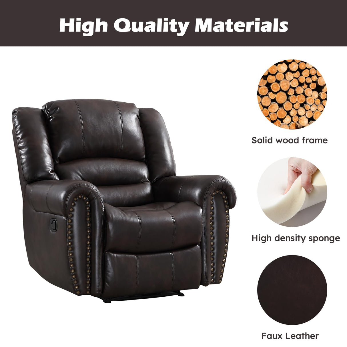CANMOV Leather Recliner Chair, Classic and Traditional Manual Recliner Chair with Comfortable Arms and Back Single Sofa for Living Room, Dark Brown CANMOV