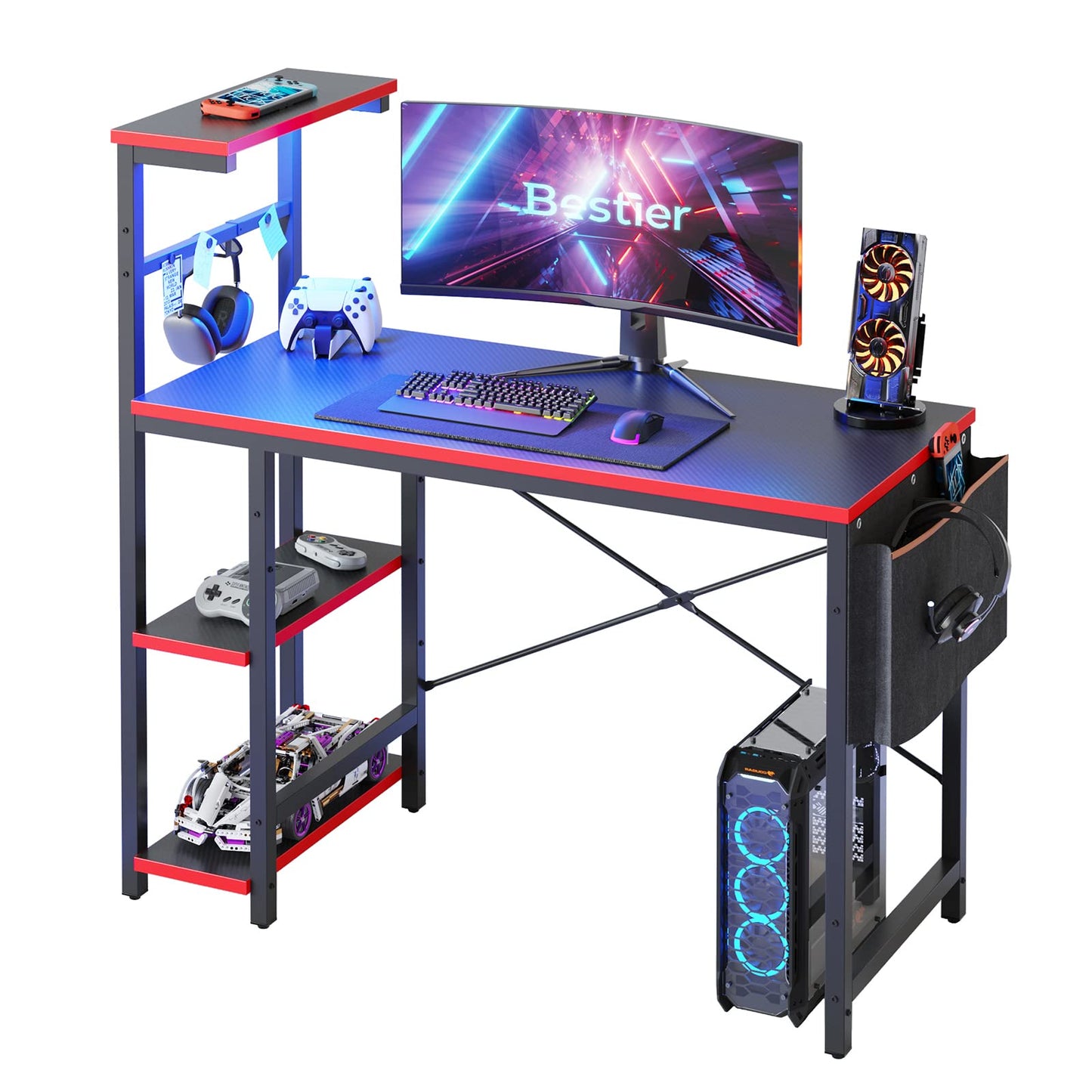 Bestier Gaming Desk with LED Lights, 44 Inch PC Gamer Desk for Small Spaces, Computer Desk with Reversible Storage Shelves & Side Storage Bag (Black 3D Carbon Fiber)