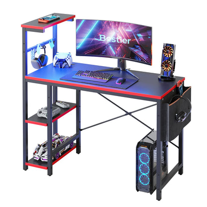 Bestier Gaming Desk with LED Lights, 44 Inch PC Gamer Desk for Small Spaces, Computer Desk with Reversible Storage Shelves & Side Storage Bag (Black 3D Carbon Fiber)