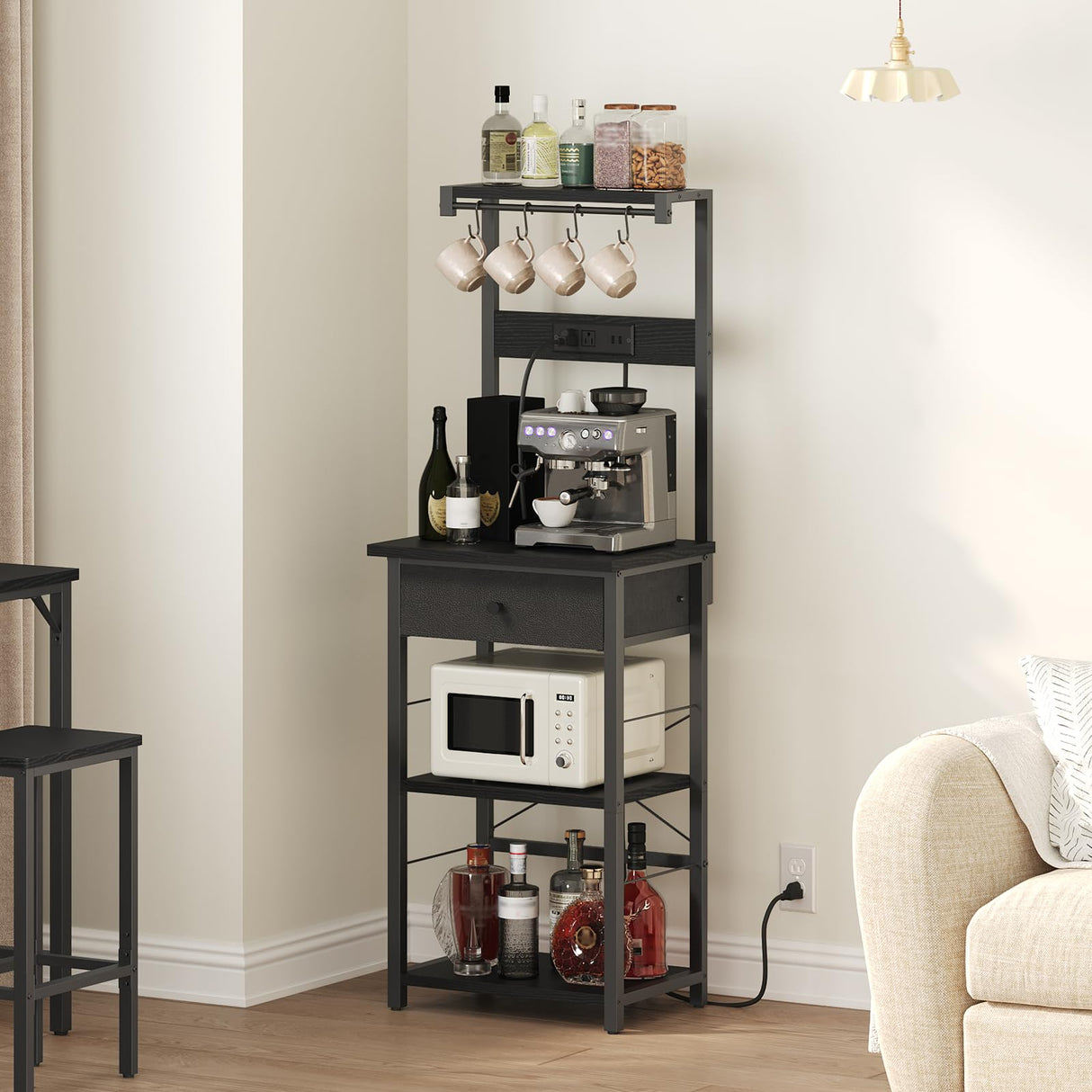 MAHANCRIS Bakers Rack with Drawer, Microwave Stand with Power Outlet, Coffee Bar Station with 4 Hooks, Kitchen Storage Shelf Rack 4 Tiers, for Kitchen, Dining Room, Black BRBK48E01 MAHANCRIS