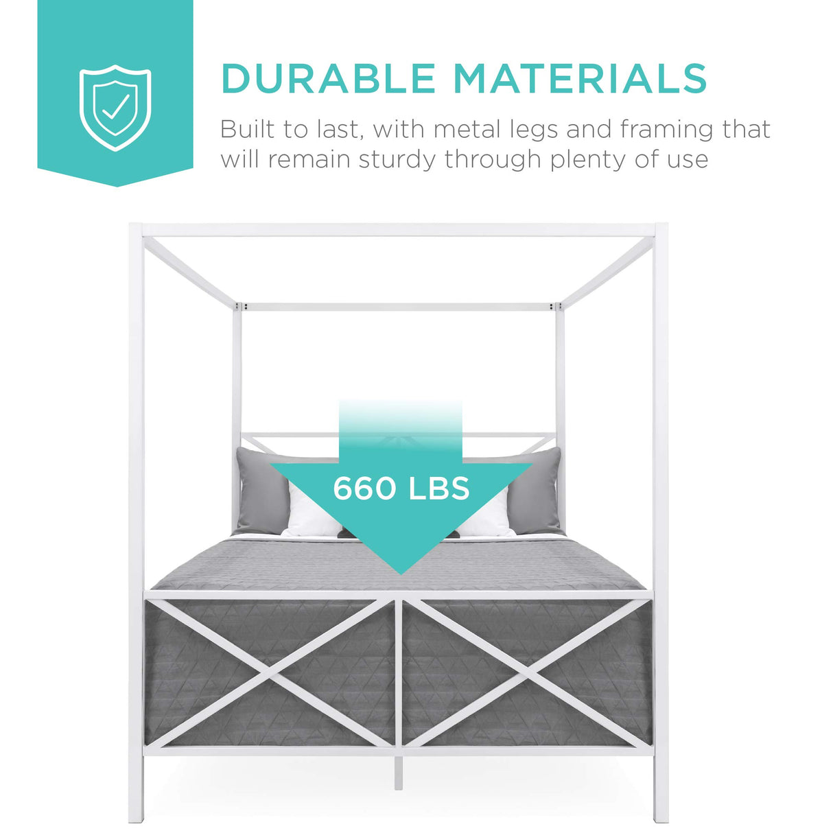 Best Choice Products 4-Post Queen Size Modern Metal Canopy Bed w/Mattress Support, Built-in Headboard, Footboard, Classic, Customizable Design - White Best Choice Products