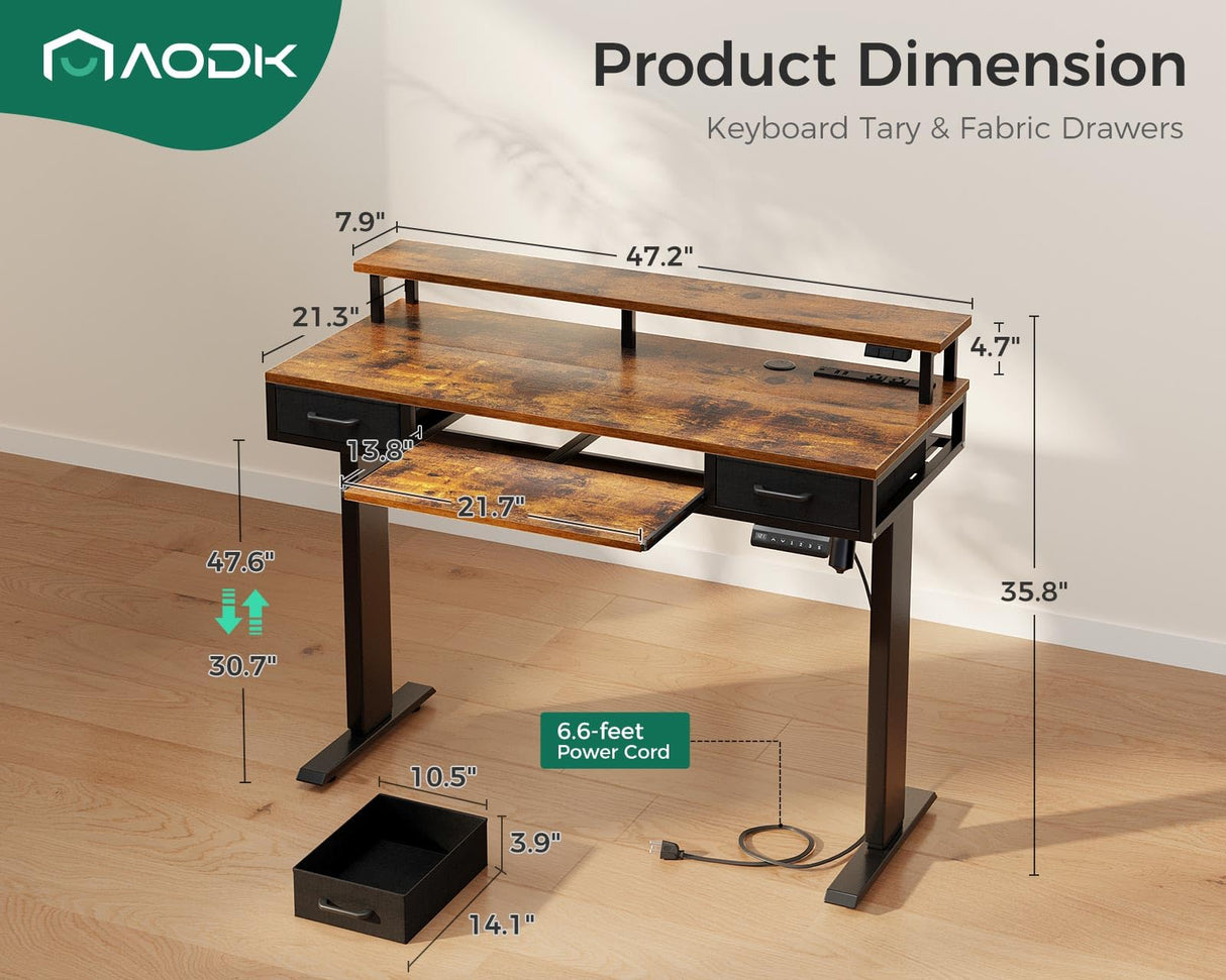 AODK Electric Standing Desk with 2 Drawers & Keyboard Tray and USB & LED Lights, 47inch Rustic Brown, Height Adjustable Desk with Power Outlets & LED Lights, Stand Up Desk with Monitor Shelf AODK
