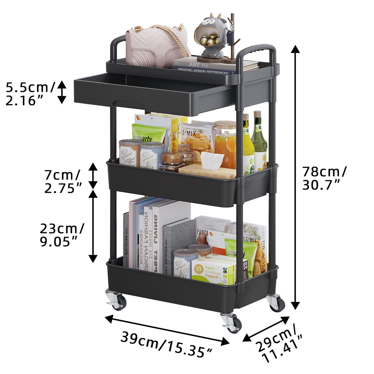 Calmootey 3-Tier Rolling Utility Cart with Drawer,Multifunctional Storage Organizer with Plastic Shelf & Metal Wheels,Storage Cart for Kitchen,Bathroom,Living Room,Office,Black Calmootey