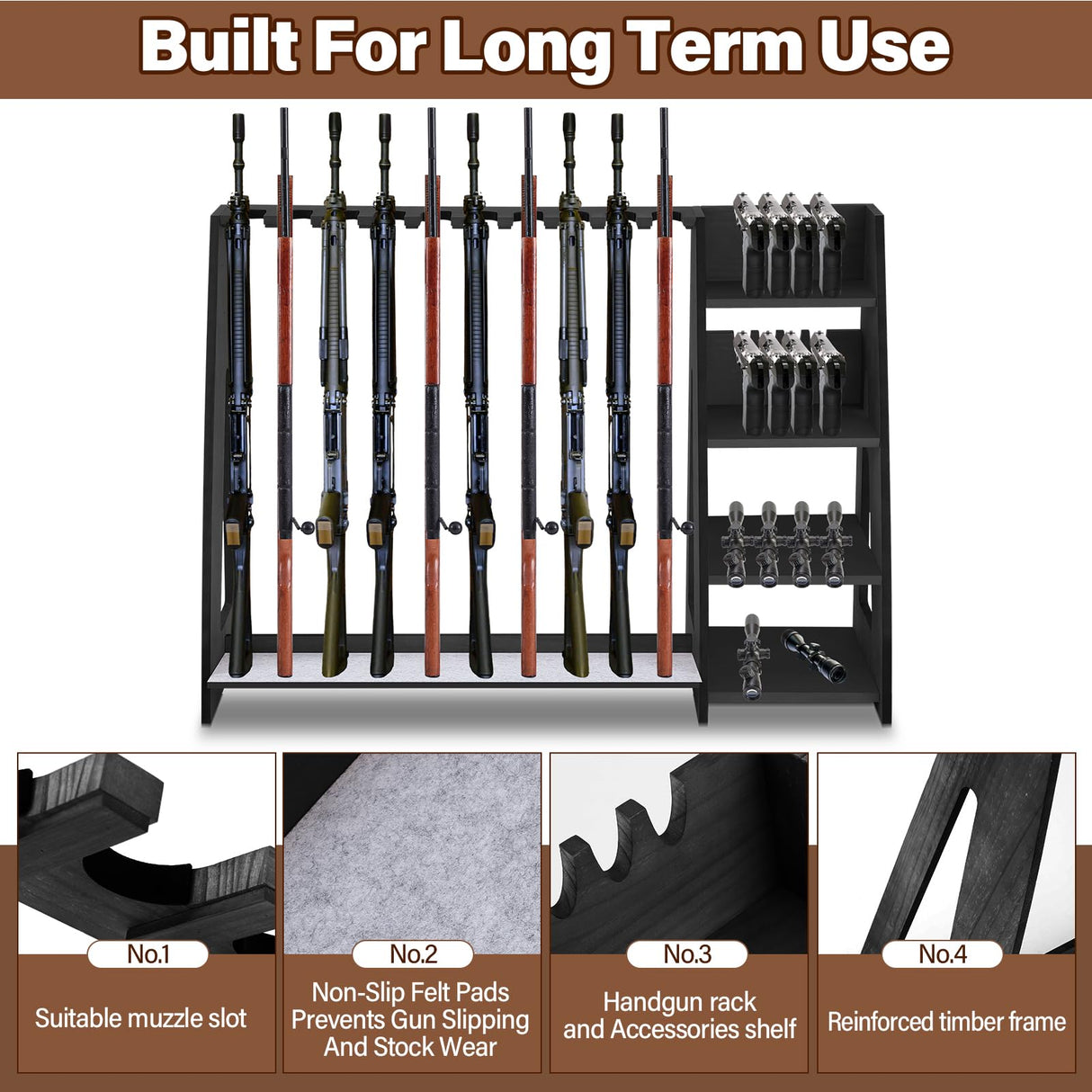 Lineshading Wooden Gun Rack with Holder, Indoor Floor Standing Gun Rack, Gun Display Rack Storage Rack for Home or Garage Gun Storage, Holds 10 Long Guns and 8 Short Guns Lineshading