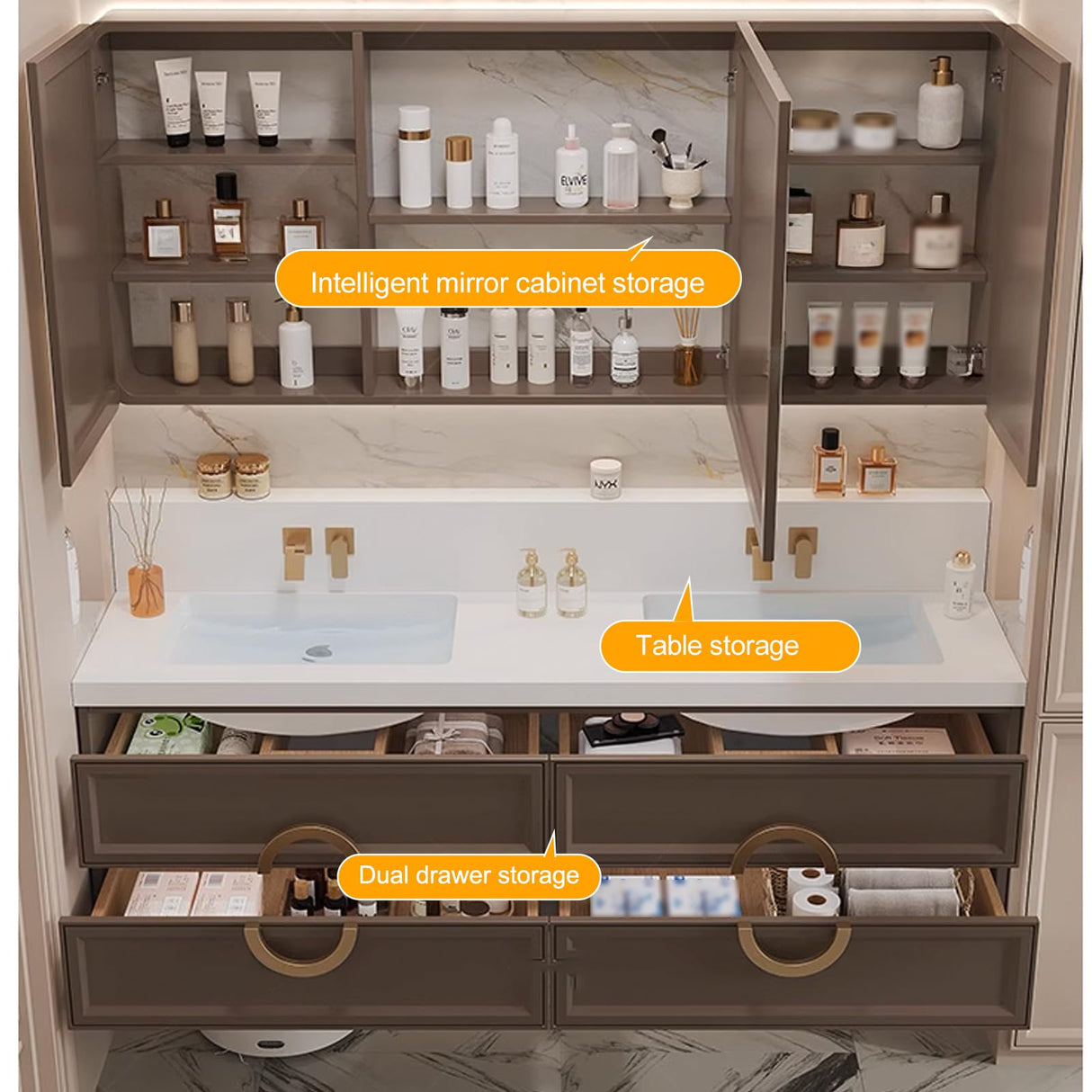 Genpai Bathroom Vanity with Sink Business - 60IN Double Sink Wall Mount Floating | LED Lighted & One-Touch Mirror, Modern Bathroom Vanity, 2 Faucet Genpai