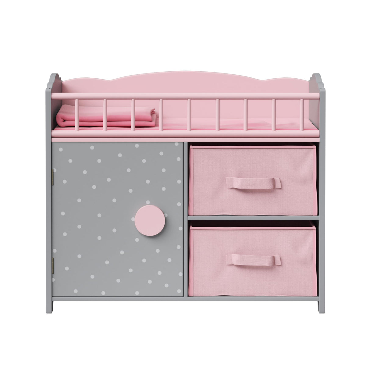 Olivia's Little World Wooden Baby Doll Crib with a Cabinet and Two Cubbies for Doll Accessory Storage Underneath, Pink and Gray and White Polka Dots Olivia's Little World