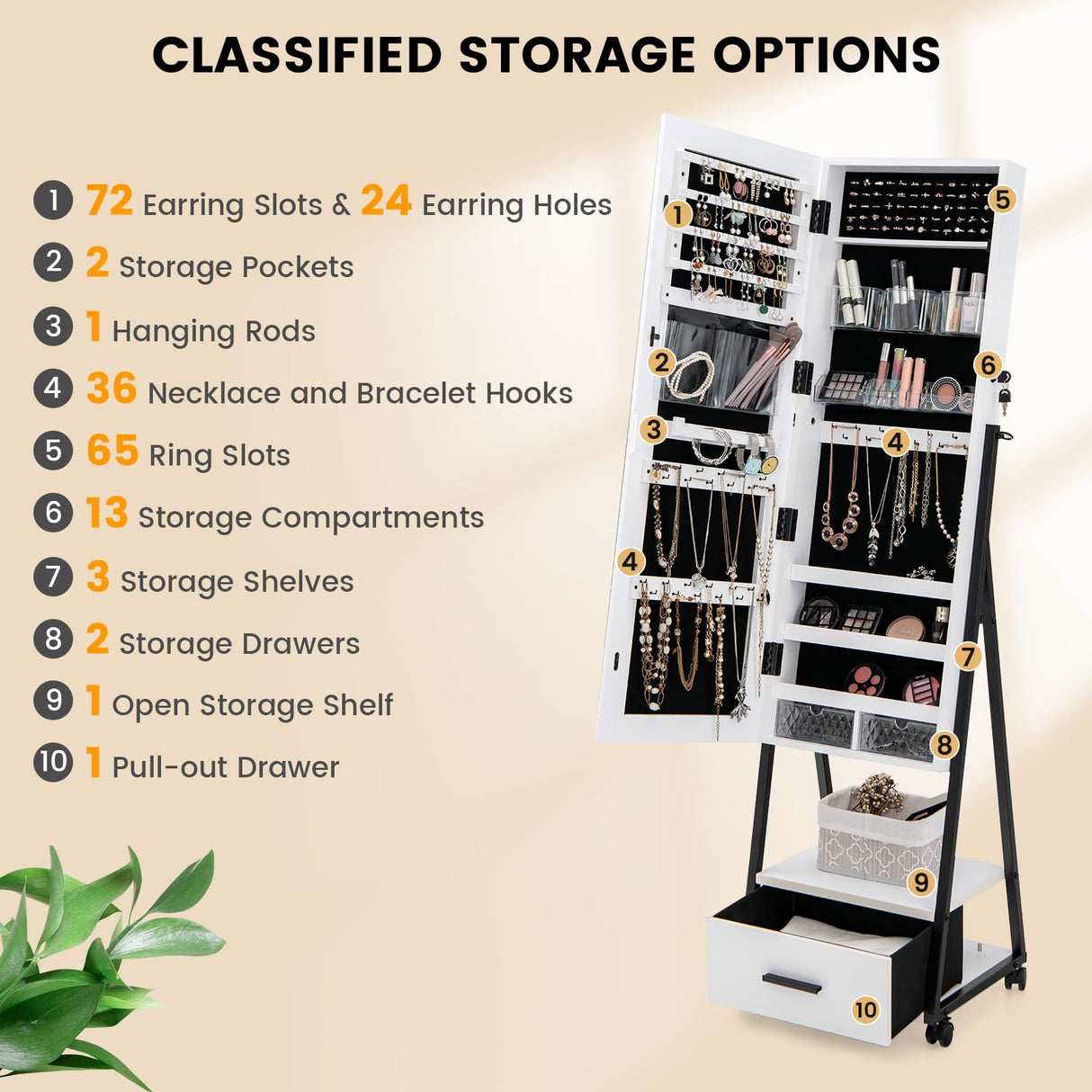 LOKO Rolling Jewelry Cabinet with Wheels, Lockable Jewelry Organizer Box with Drawers, Freestanding Jewelry Armoire with Full-length Mirror, for Women Girls Bedroom Cloakroom (White) LOKO