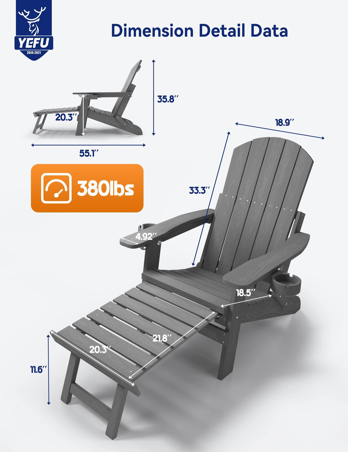 YEFU Adirondack Chair with Ottoman, Adjustable Backrest Adirondack Chairs, Folding Outdoor Fire Pit Chair with 2 Cup-Holders, Weather Resistant for Patio Lawn Outside Garden Pool, 380lbs(Grey) YEFU