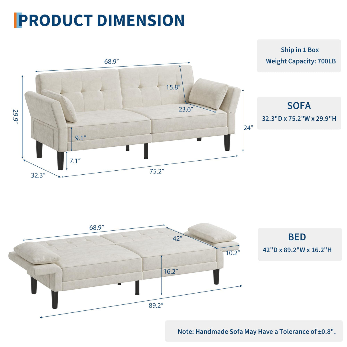 IDEALHOUSE 89" Futon Sofa Bed, Modern Chenille Sleeper Couch with Adjustable Backrest & Armrest, Convertible Futon Couch for Living Room Bedroom Apartments, Beige IDEALHOUSE