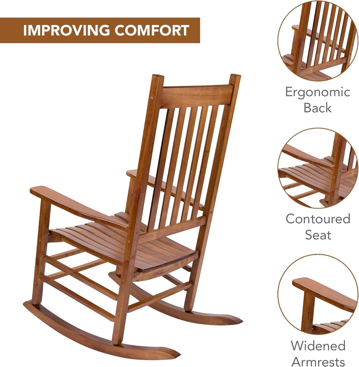 anwickjeff Outdoor Rocking Chair, High Back Slat Reclining, Wooden Rocker Chairs, Indoor Lounge Chair for Backyard/Lawn/Patio/Garden/Porch/Balcony (Brown) anwickjeff