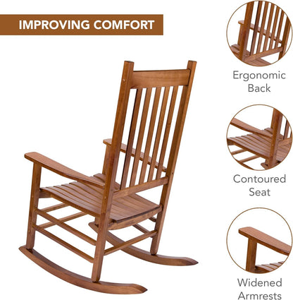 anwickjeff Outdoor Rocking Chair, High Back Slat Reclining, Wooden Rocker Chairs, Indoor Lounge Chair for Backyard/Lawn/Patio/Garden/Porch/Balcony (Brown)