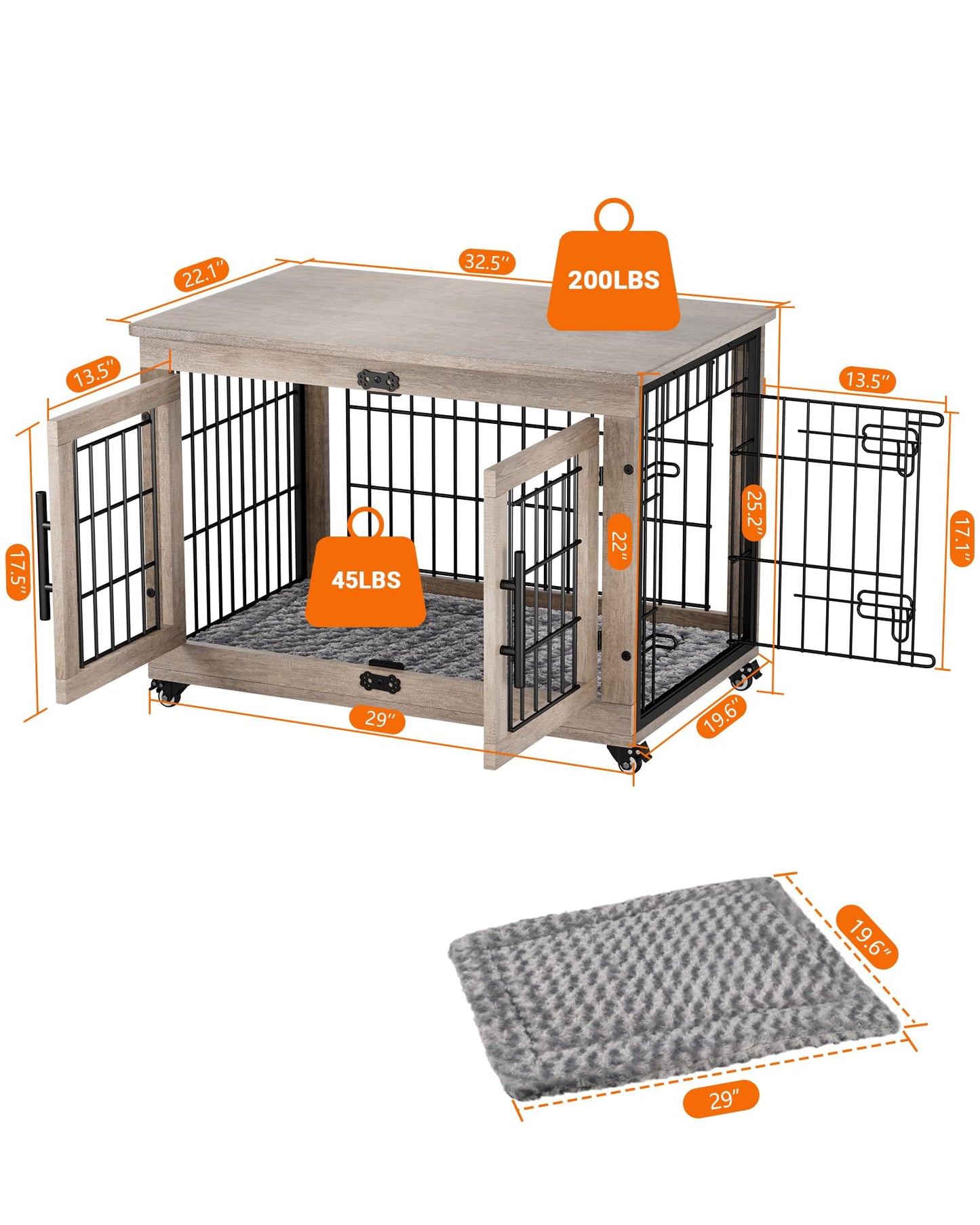 YaFiti Dog Crate Furniture with Cushion, Wooden Dog Kennel with Double Doors, Heavy Duty Dog Cage End Table with Wheels, Dog House Indoor for Small Medium Dogs up to 45 lb, 32.5” L, Grey - WoodArtSupply