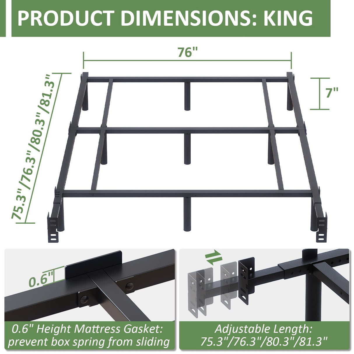 King Metal Bed Frame, 7 Inch Low Heavy Duty Platform Bed Frames King Size for Box Spring and Mattress, Easy Assembly, Noise-Free, Adjustable, Black Mashomdec