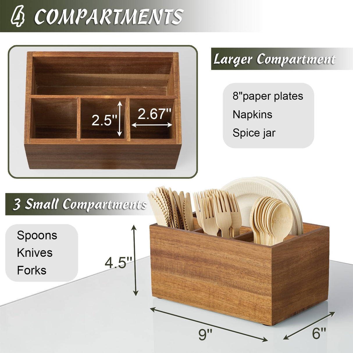 DRASTAR Utensil Caddy, Silverware Caddy for Party, Acacia Wood Silverware Holder, Silverware Organizer Countertop, Cutlery Storage Containers for Kitchen Table DRASTAR
