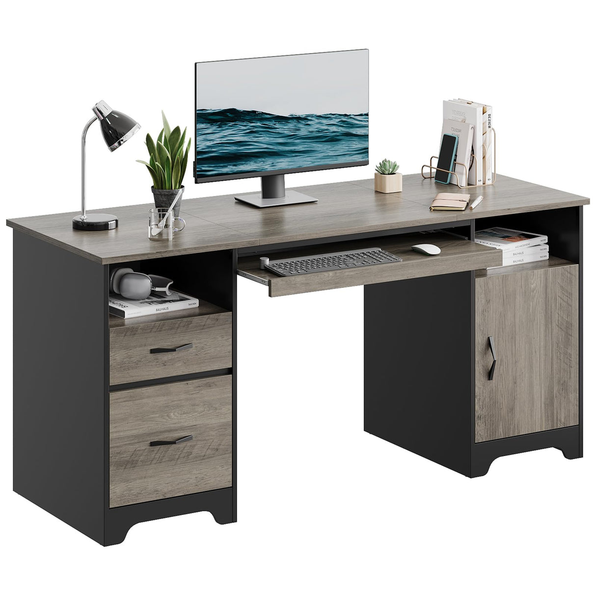 Bestier 59” Executive Desk with 2 Drawers, Computer Desk with Storage Cabinet, Industrial Wood Desk with File Drawer, Keyboard Tray & 2 Pedestals for Home Office & Studio, Gray Bestier