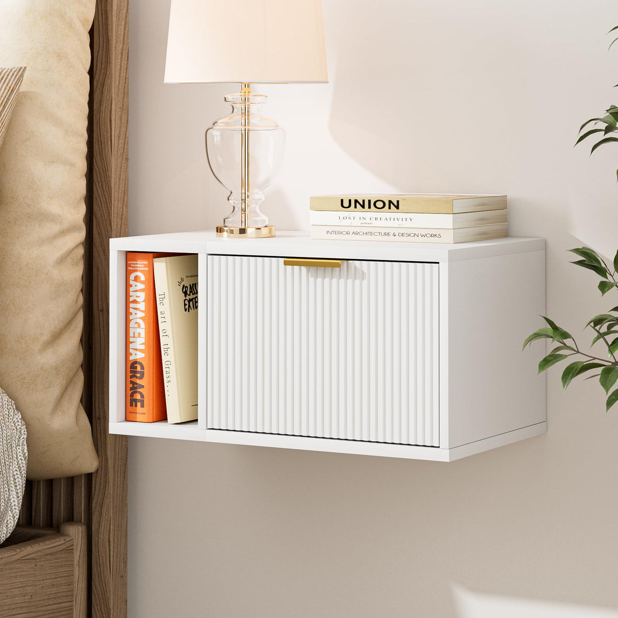 Masupu Floating Nightstand, Wall Mounted Floating Bedside Table with Storage Drawer and Open Shelf, Modern Bedroom Nightstand, 19.3" x 11.4" x 10", White Masupu