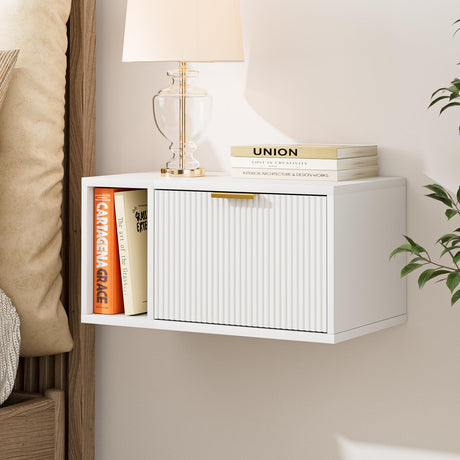 Masupu Floating Nightstand, Wall Mounted Floating Bedside Table with Storage Drawer and Open Shelf, Modern Bedroom Nightstand, 19.3" x 11.4" x 10", White Masupu